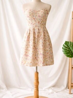 Floral Paisley Linen Blend Strapless Mini Dress Sweetheart Cottagecore Garden-L